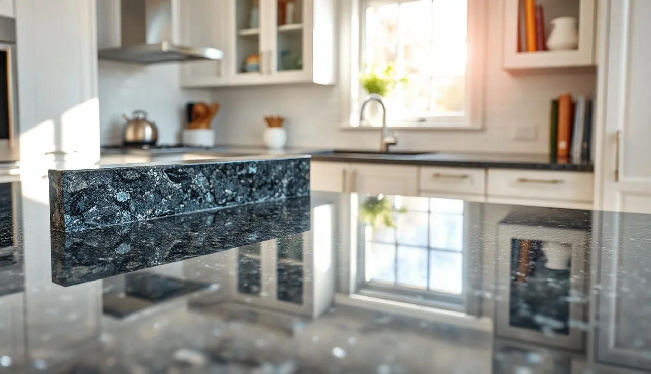 Polished black pearl granite countertop with silver-blue crystal sparkle in a modern kitchen