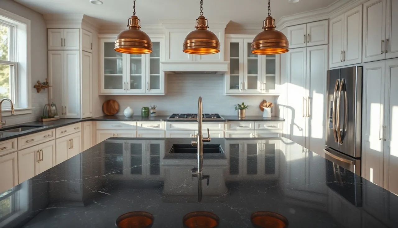 Polished black quartz countertop on kitchen island under warm pendant lighting