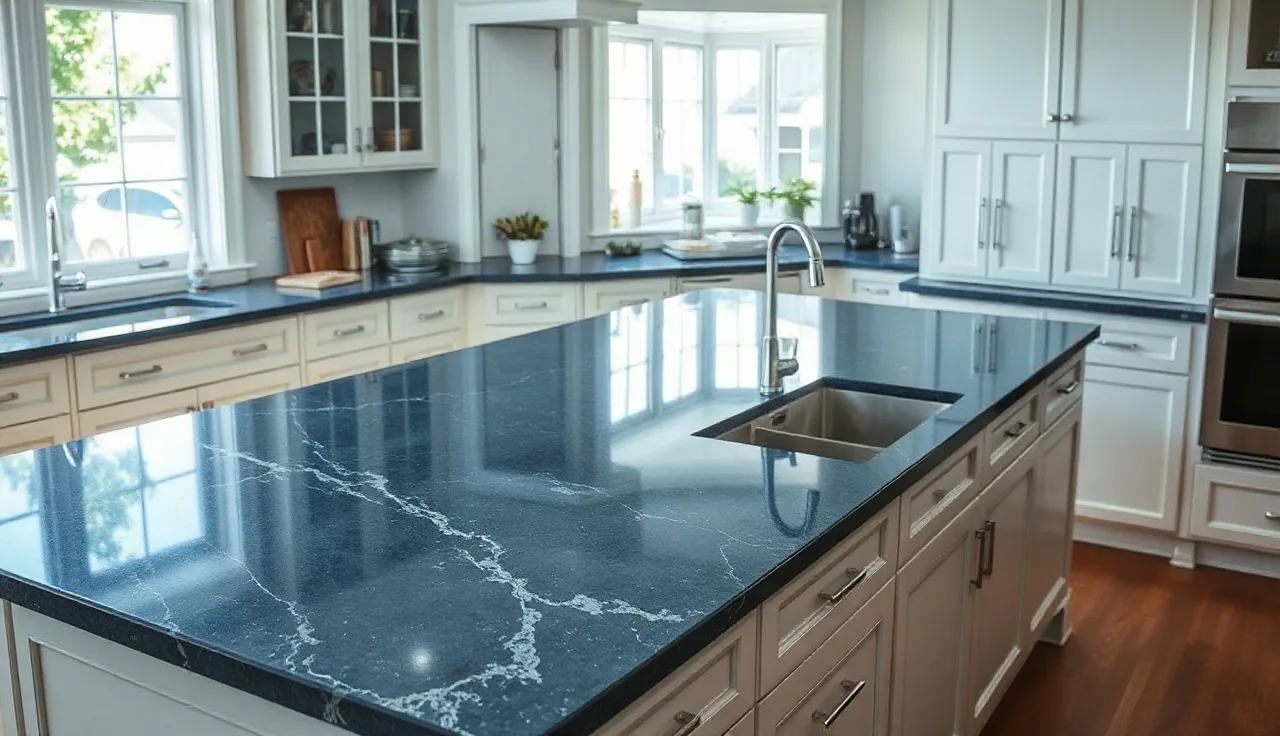 Polished blue granite countertop on a kitchen island in morning light
