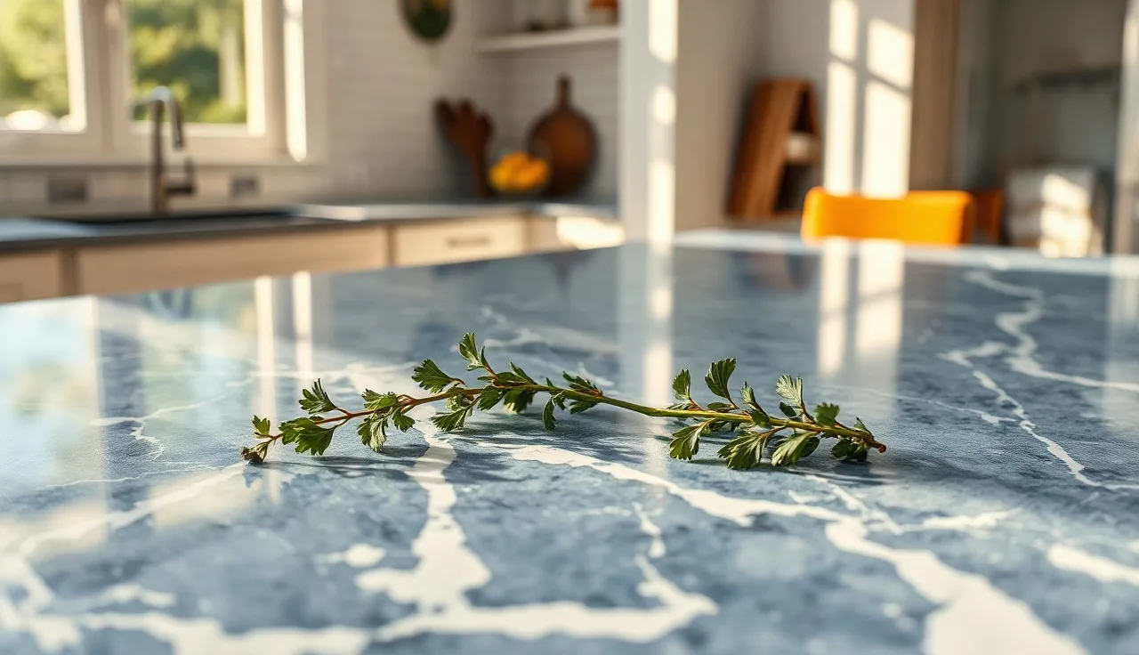 Polished blue quartzite countertop with white veining in a residential kitchen