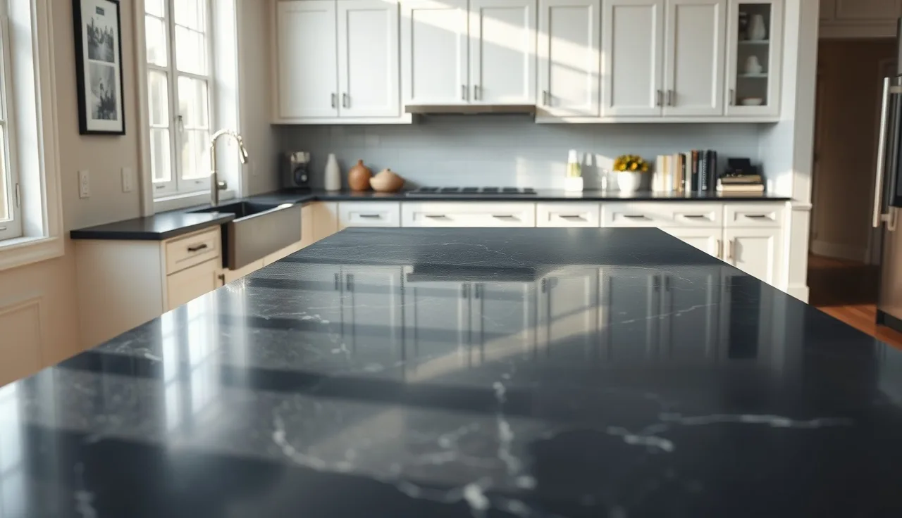Kitchen island with deep navy blue quartz countertop under natural window light