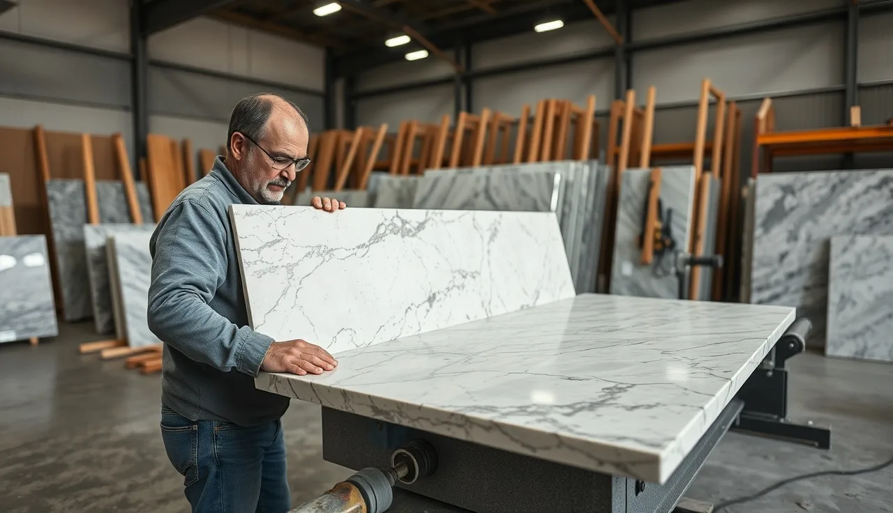 Stone fabricator cutting a granite slab on a bridge saw in a Lowcountry shop