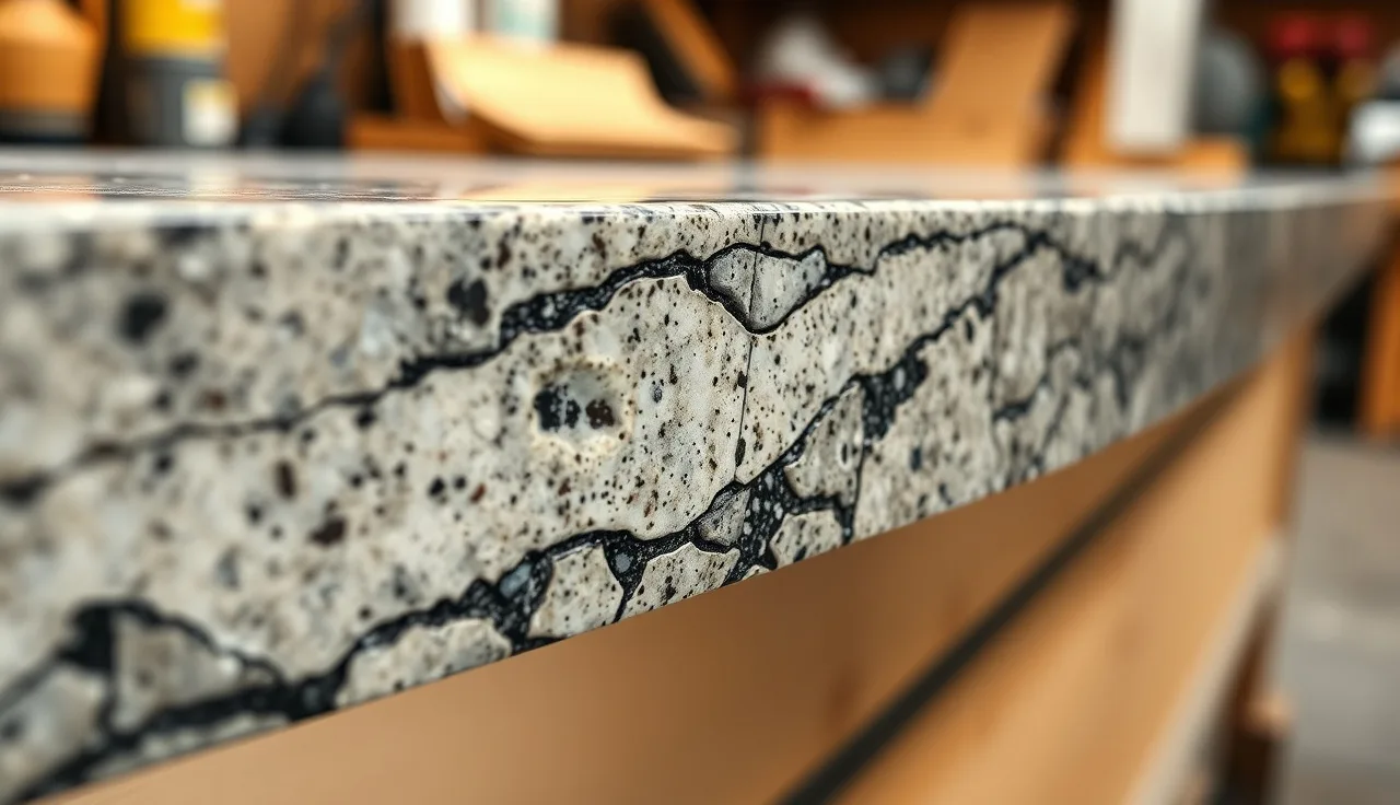 Thick granite slab showing a rough hand-chiseled broken edge profile on a workshop bench