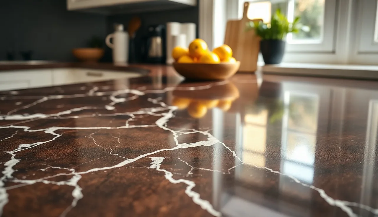 Polished dark brown marble kitchen countertop with white veining in natural light