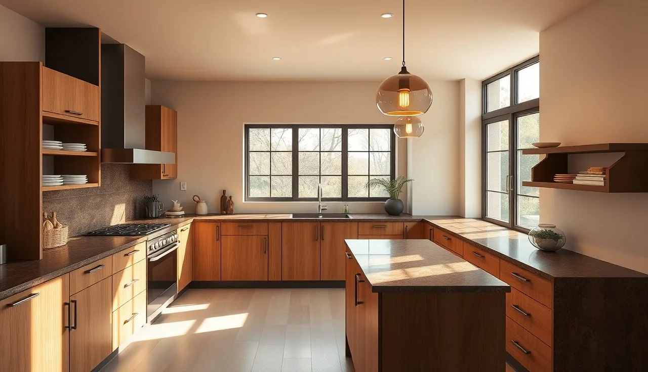 Espresso brown quartz countertop in a warm kitchen with wood cabinets and morning light