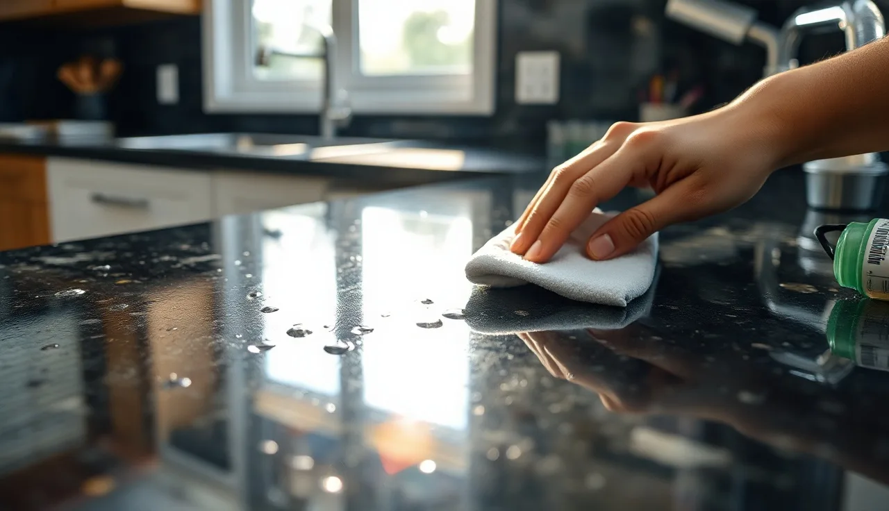 Hand buffing a dark granite countertop with a microfiber cloth in afternoon light