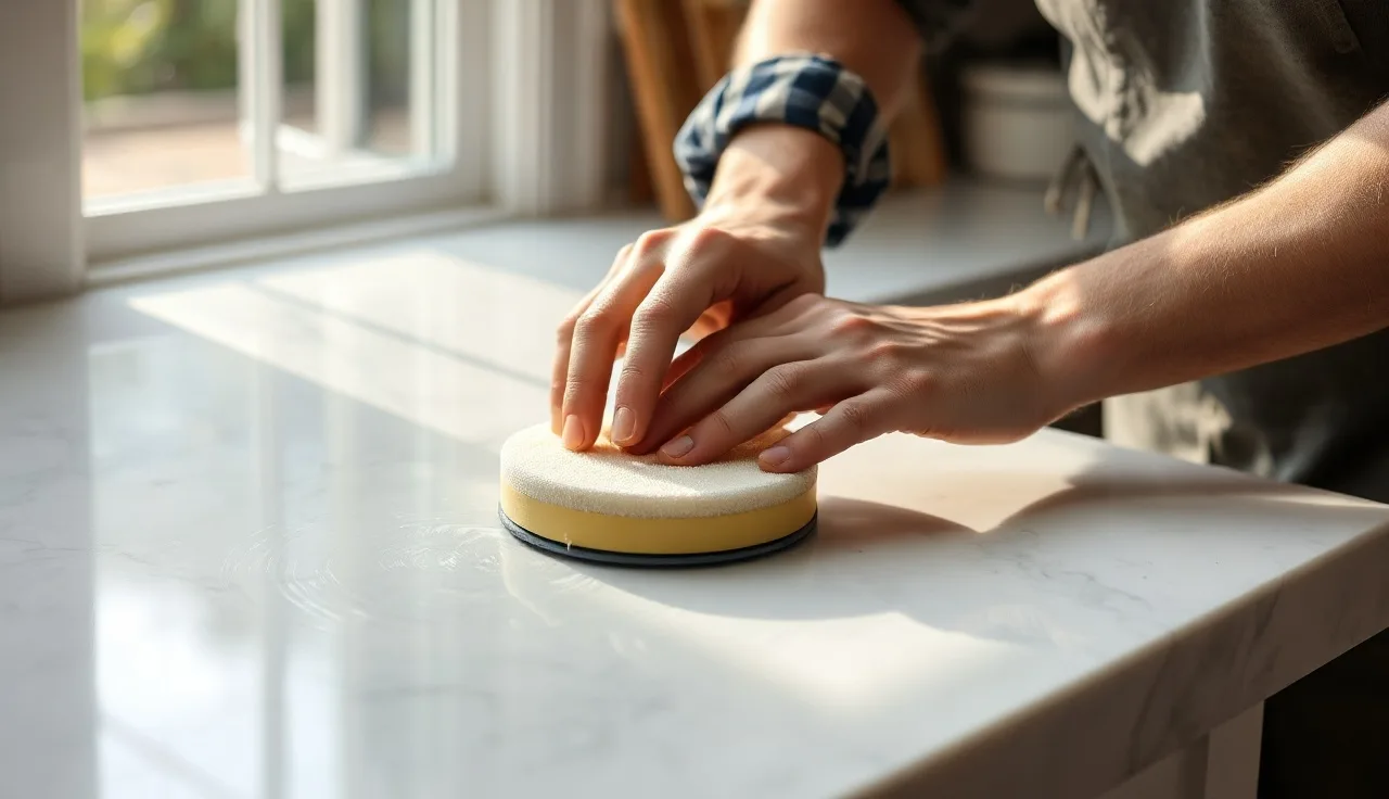 Hands buffing a white marble countertop with a polishing pad in morning light