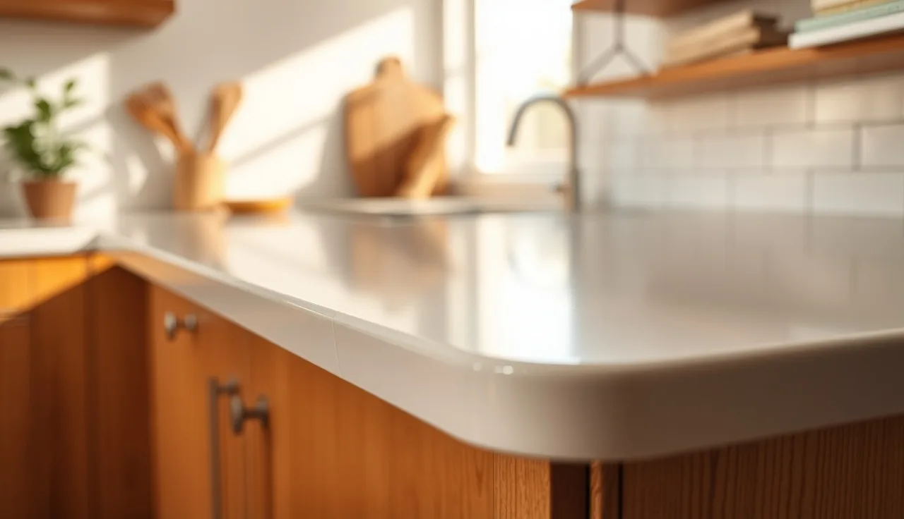 Rounded bull nose edge on a cream laminate countertop in a sunlit kitchen