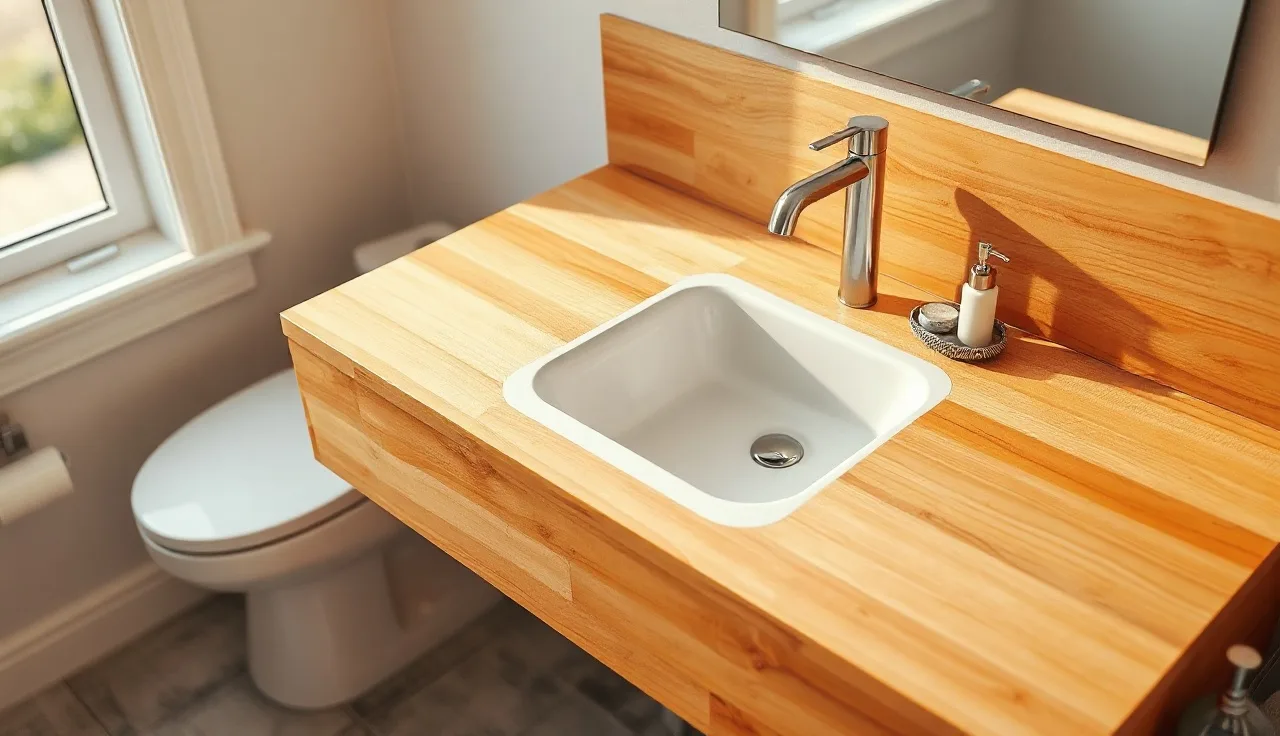 Edge-grain butcher block bathroom vanity countertop with white undermount sink in morning light