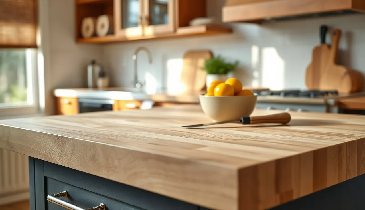Edge grain maple butcher block countertop with oiled finish and a chef's knife in a kitchen