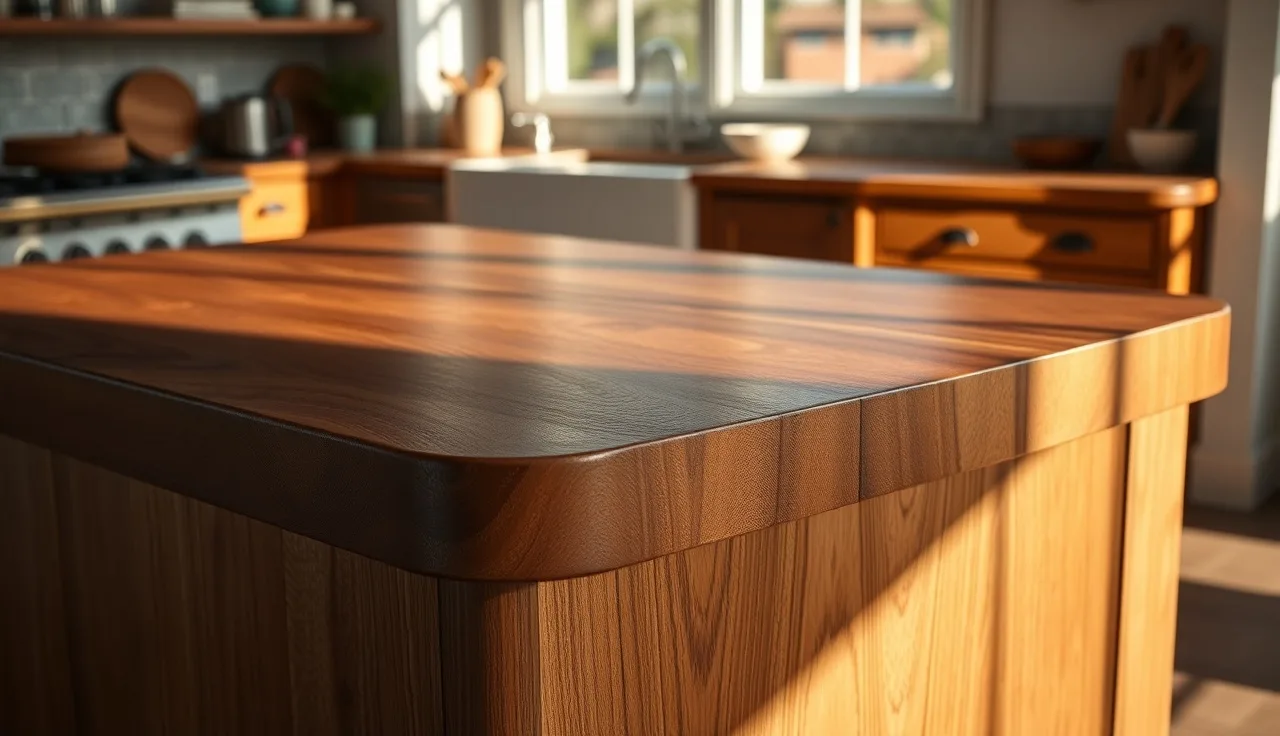 Walnut butcher block countertop island showing a rounded edge profile in warm kitchen light