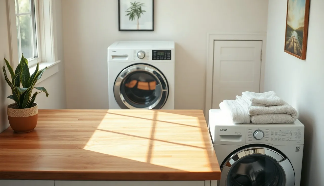 Maple butcher block countertop spanning a washer and dryer in a bright laundry room