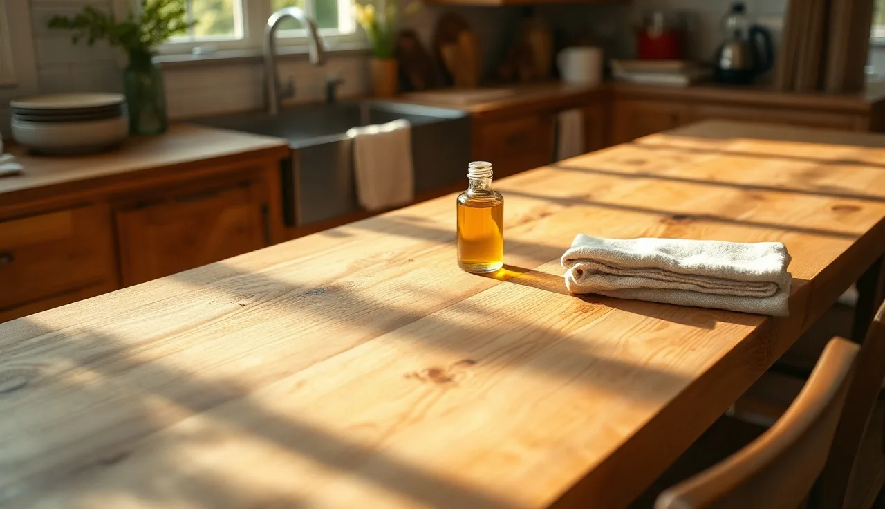 End-grain butcher block countertop with mineral oil bottle and cloth ready for conditioning