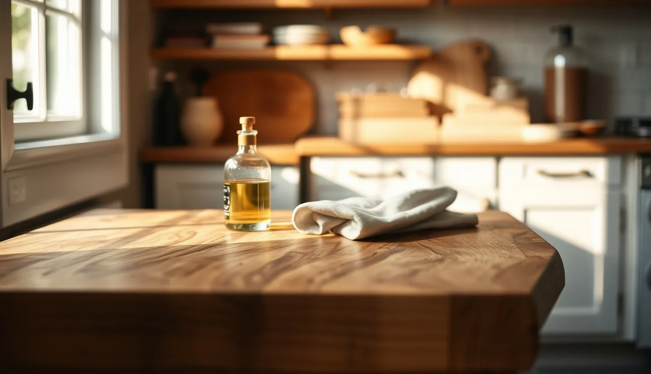 Freshly oiled butcher block countertop with mineral oil bottle in a kitchen