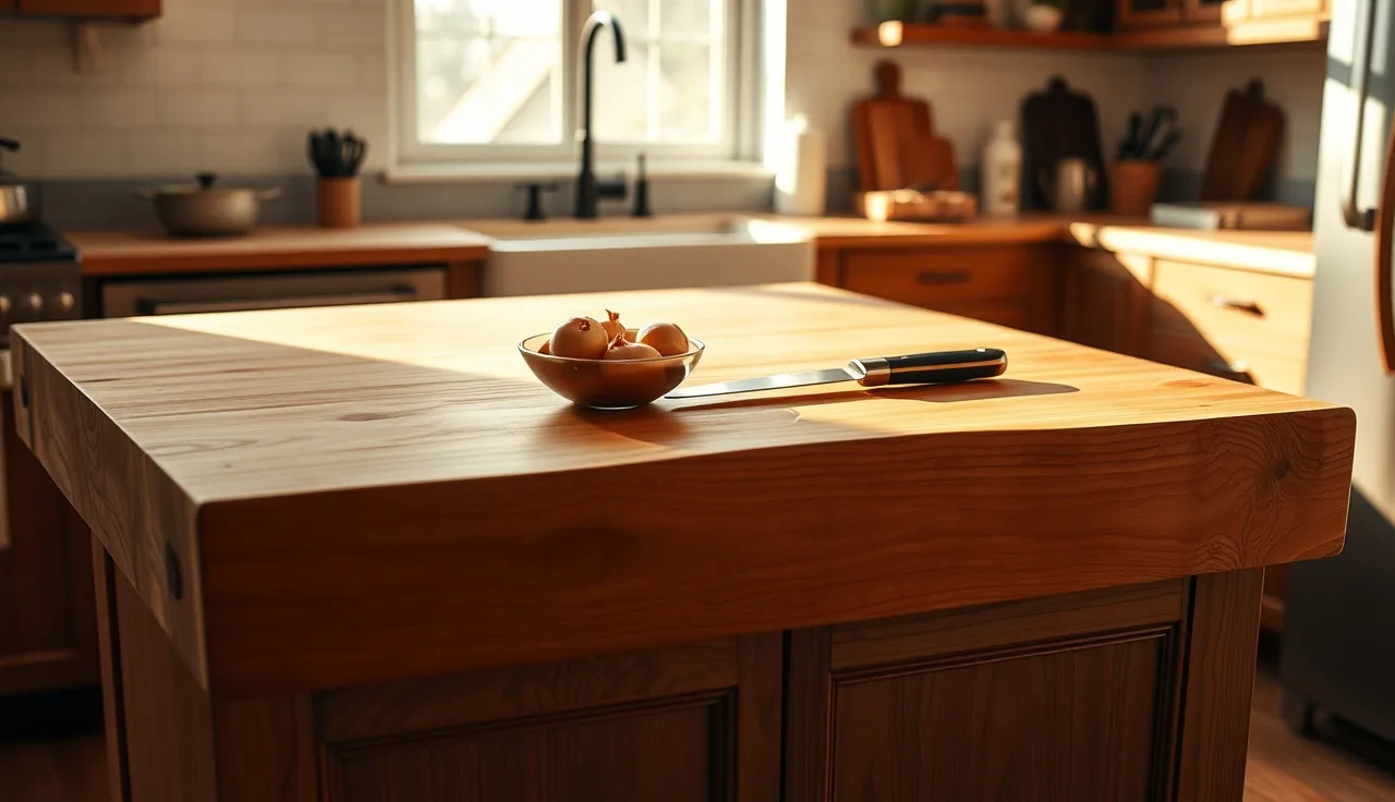 Oiled maple butcher block countertop with chef knife and vegetables in kitchen