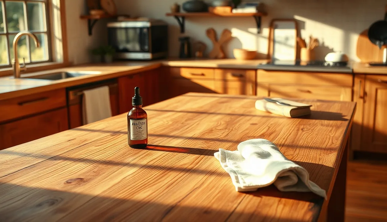 Sunlit maple butcher block countertop with mineral oil bottle and cloth in kitchen