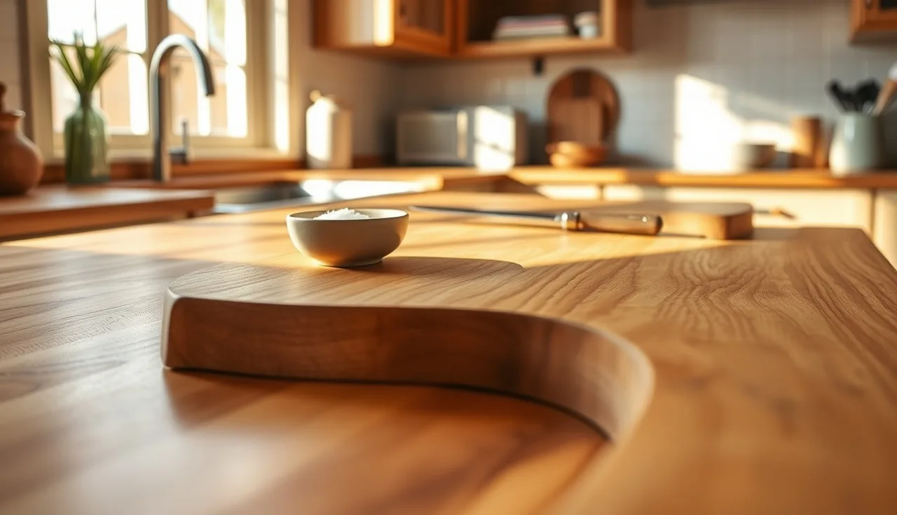 Edge-grain maple butcher block countertop with chef's knife in afternoon light
