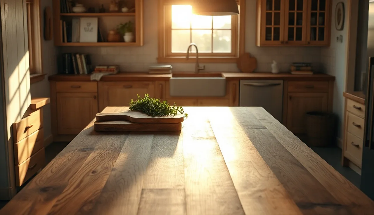 Walnut butcher block island countertop in a bright kitchen with morning light