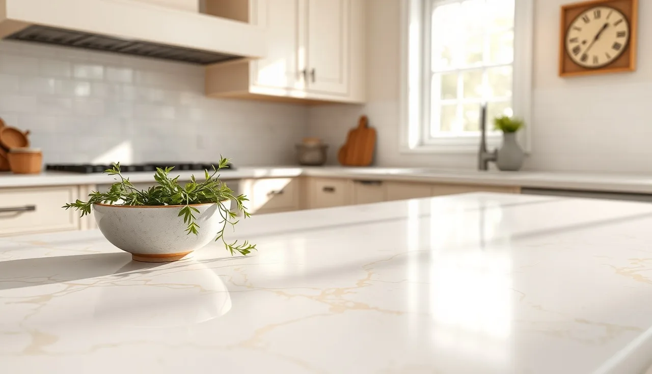 White quartz kitchen countertop with warm grey-gold veining in morning light
