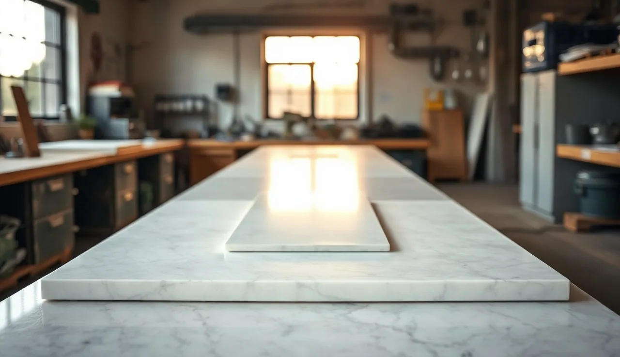 Polished quartz edge profile samples displayed on a stone workshop bench