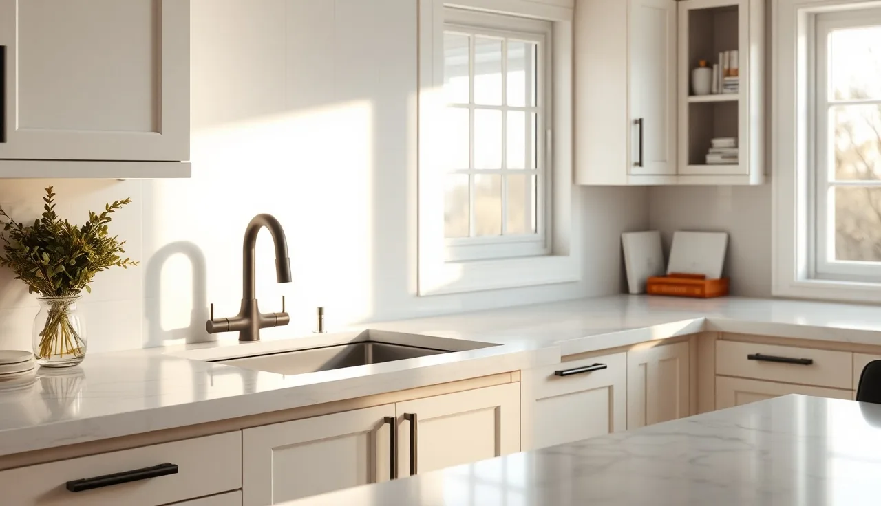 White kitchen countertop with grey veining in warm morning light