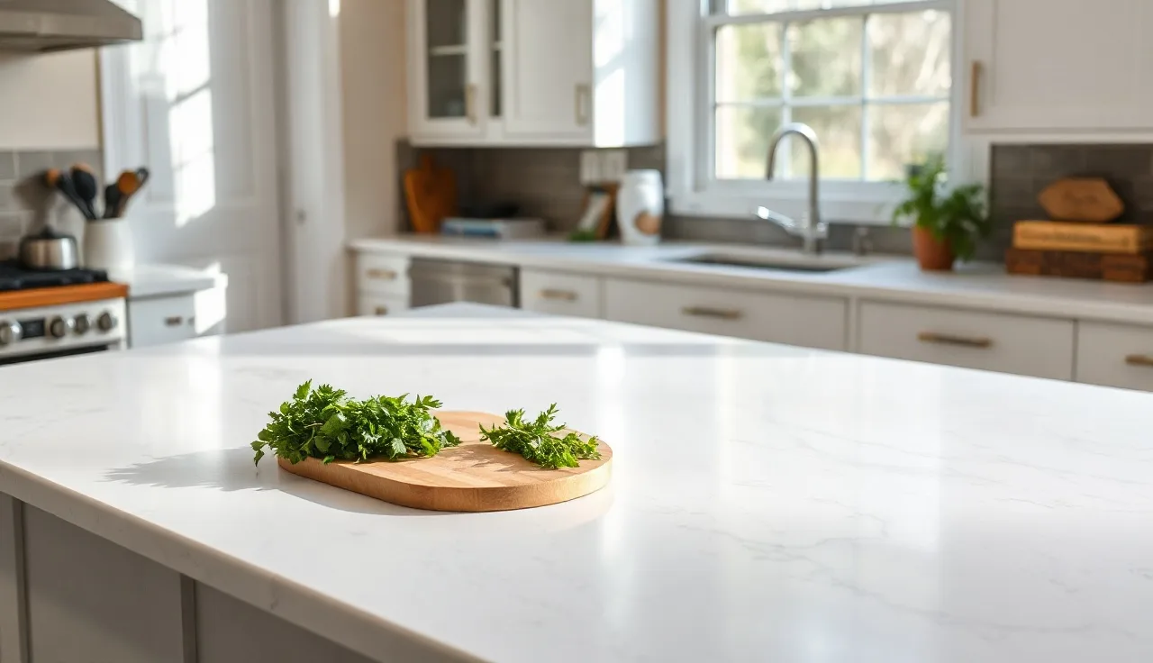 White quartz countertop with gray veining in a bright kitchen with morning light