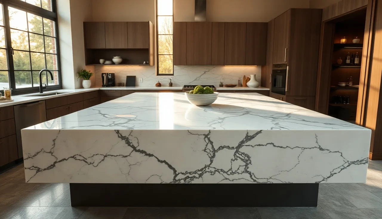 White quartz kitchen island with bold dark grey veining in morning light