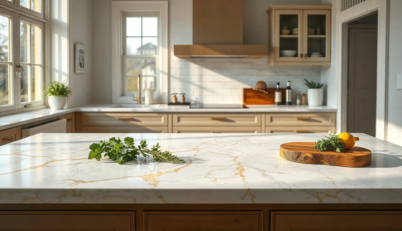 Calacatta marble countertop with bold gold veining on a kitchen island in morning light
