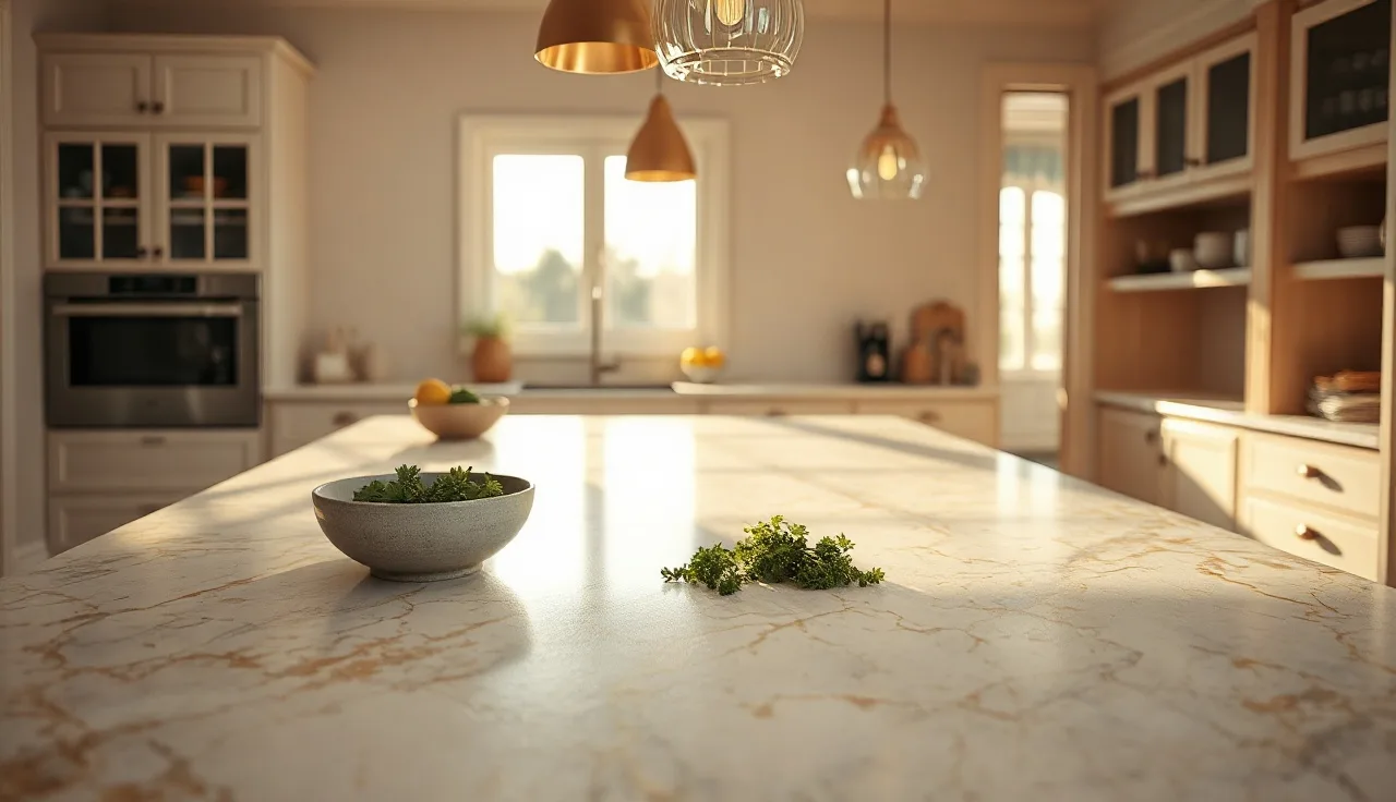 White and gold calacatta quartz countertop on a kitchen island under warm pendant lighting