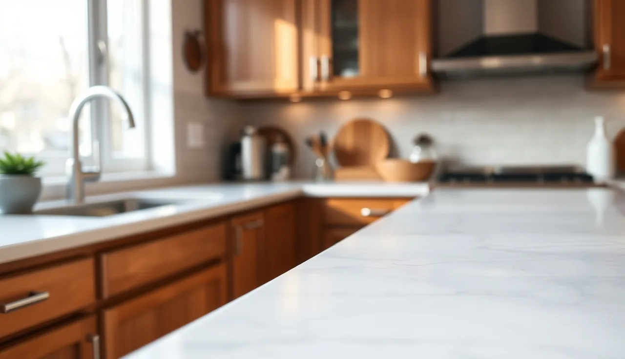Polished white quartz countertop with ogee edge profile in a kitchen