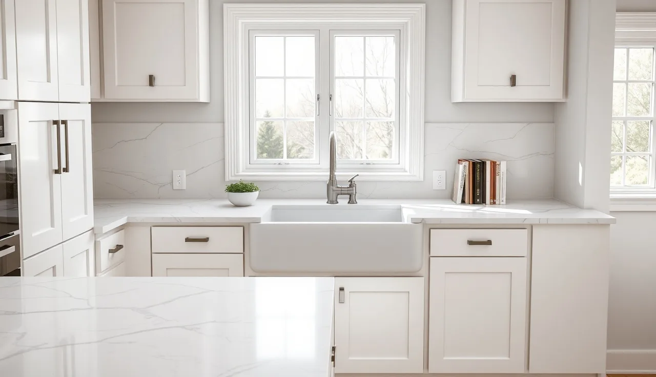 White quartz countertops with gray veining in a sunlit modern kitchen