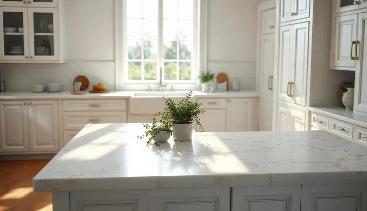 White kitchen island with white and gold veined quartz countertop in morning light