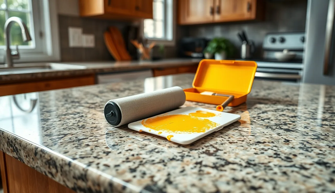 Close-up of a granite countertop with painting supplies laid out ready to use
