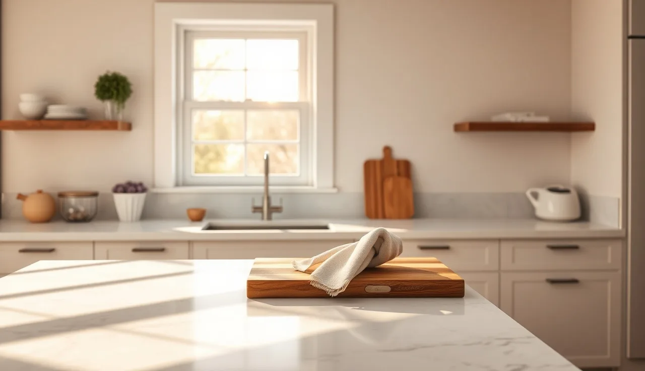 White quartz kitchen countertop with cutting board and dish towel beside a sink