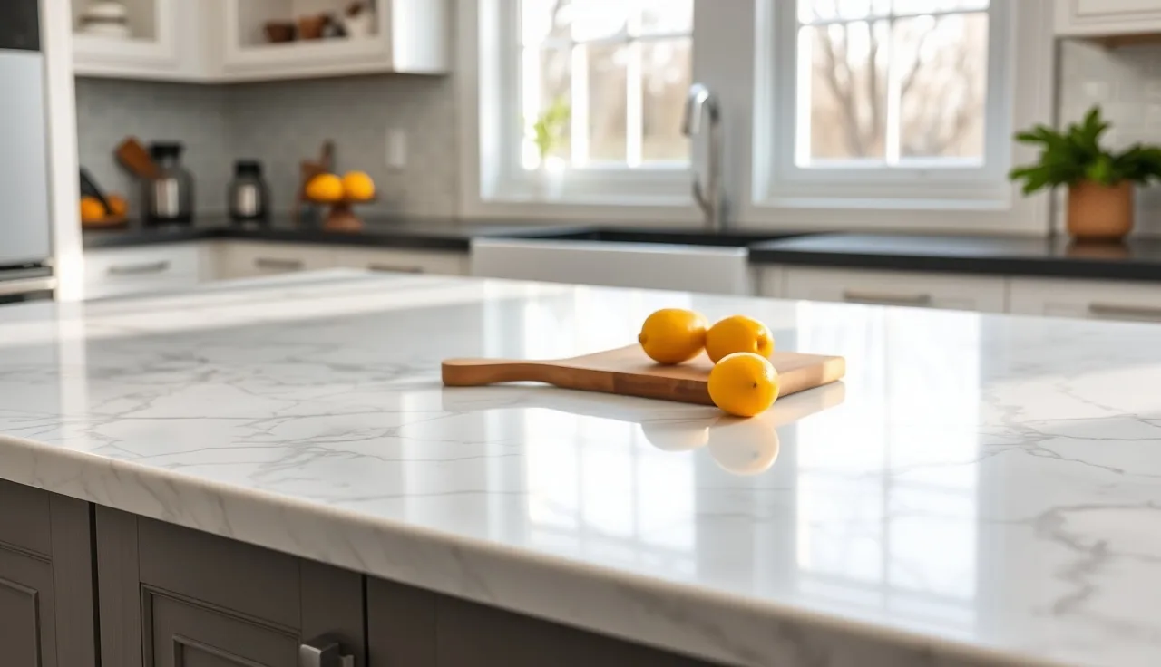 White Carrara marble kitchen countertop with gray veining in morning light