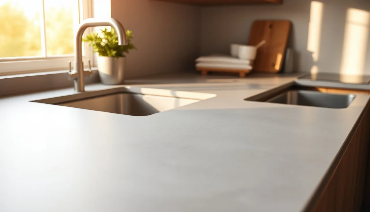 Close-up of a matte gray cement kitchen countertop beside a stainless sink