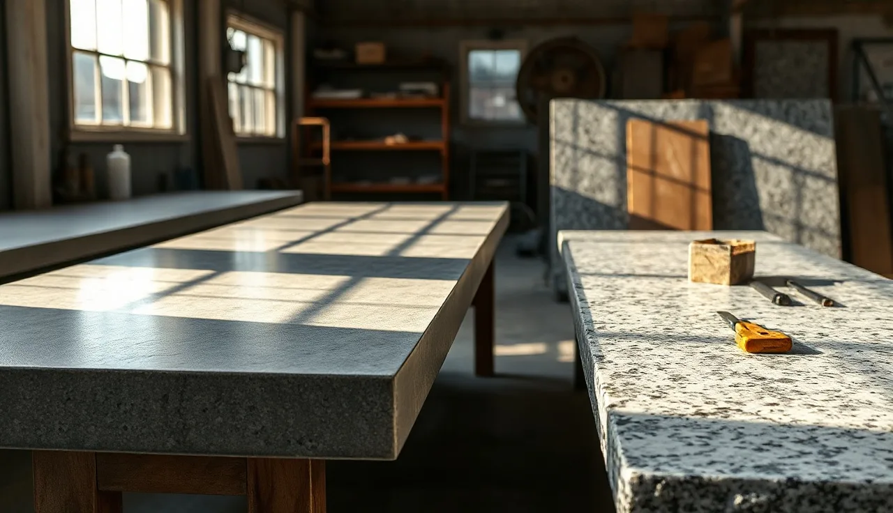 Cement and granite countertop slabs side by side in a fabrication workshop