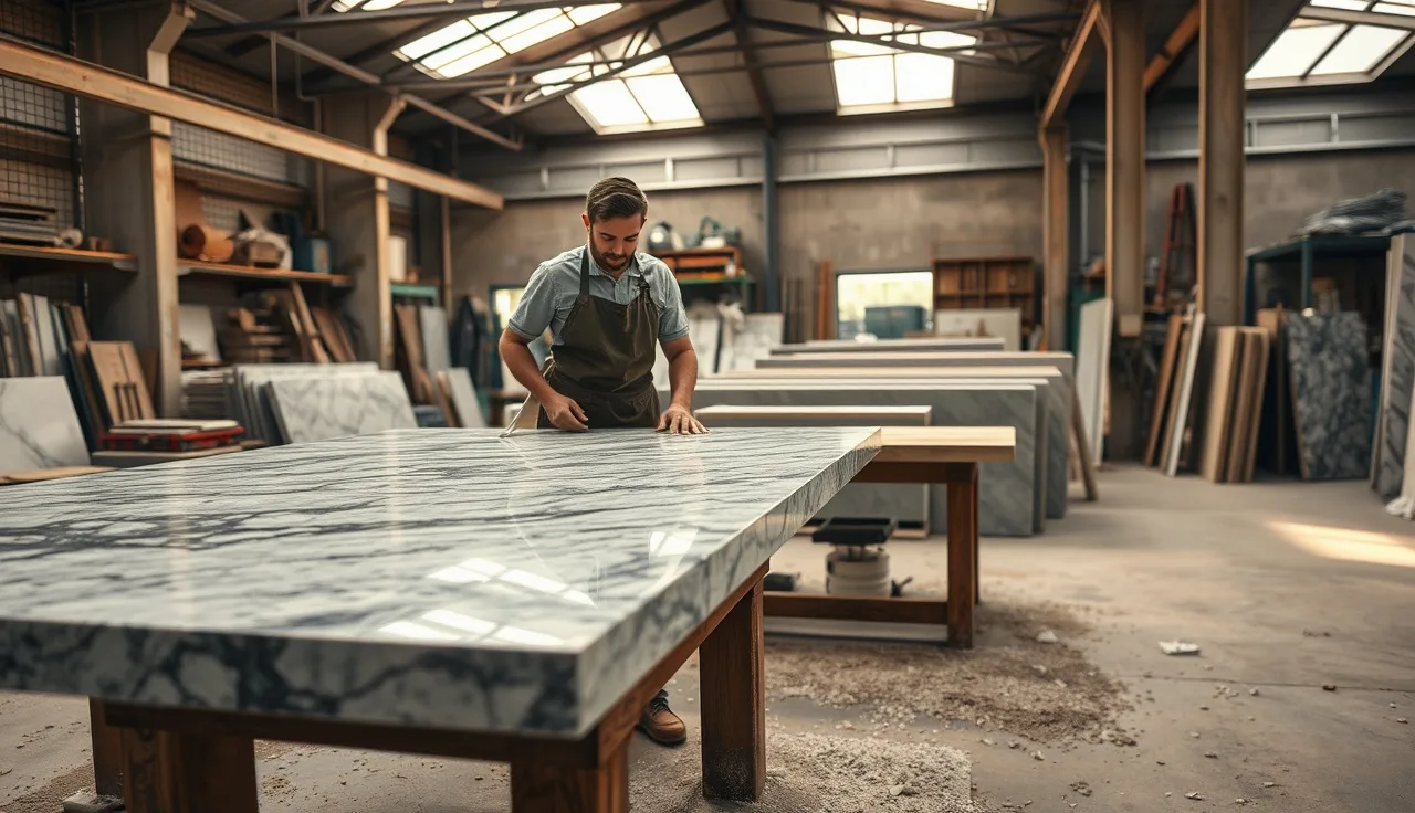Stone fabricator inspecting a large polished granite slab inside a fabrication shop