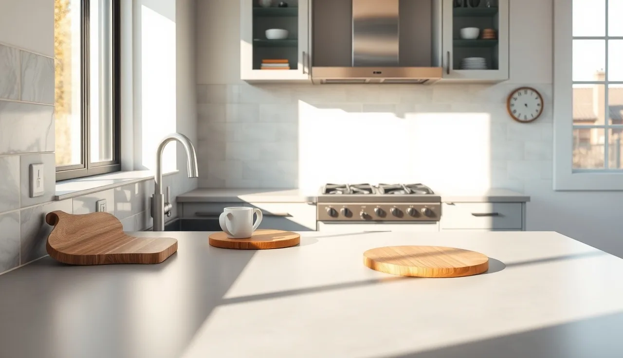 Large-format gray ceramic tile kitchen countertop with afternoon window light