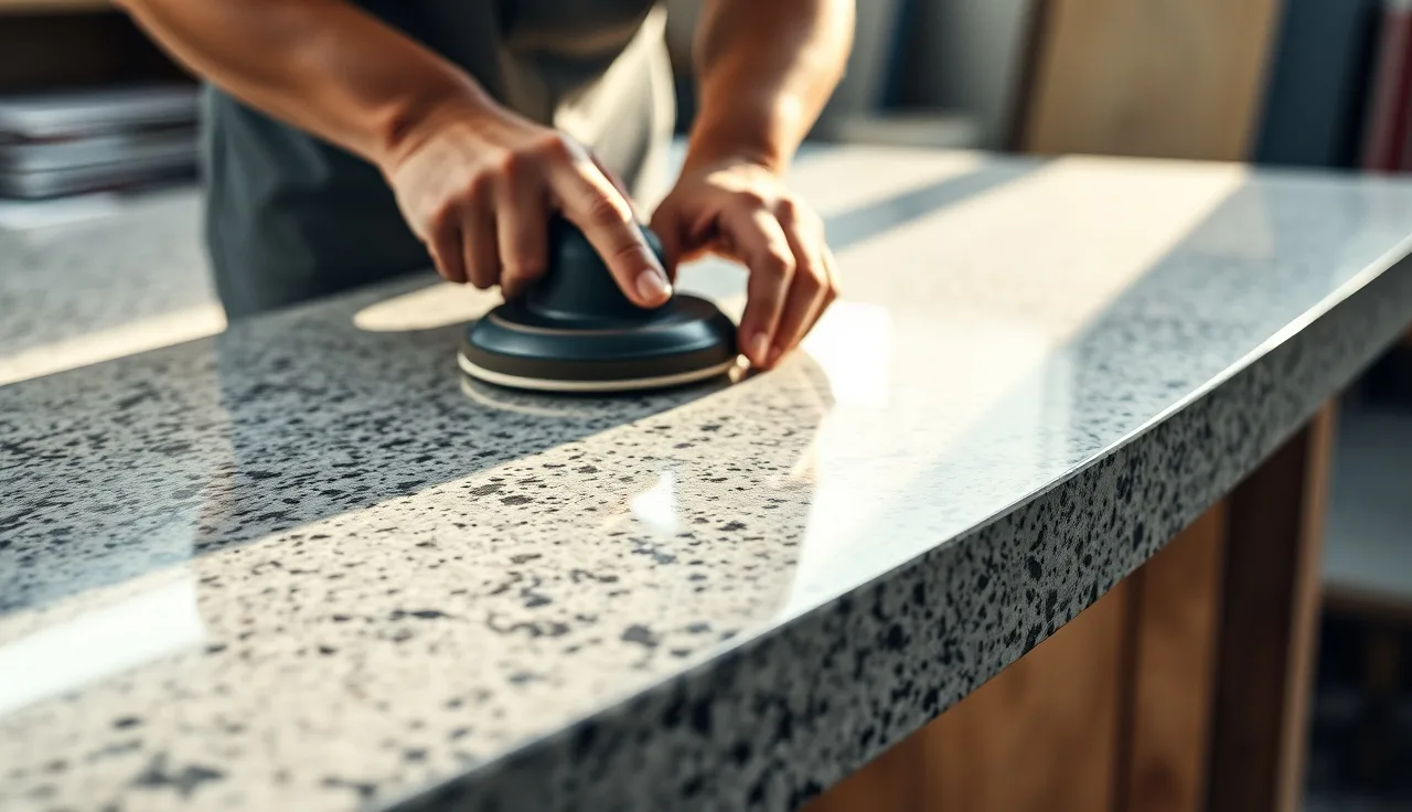 Fabricator polishing a bullnose edge profile on a granite countertop slab in a workshop