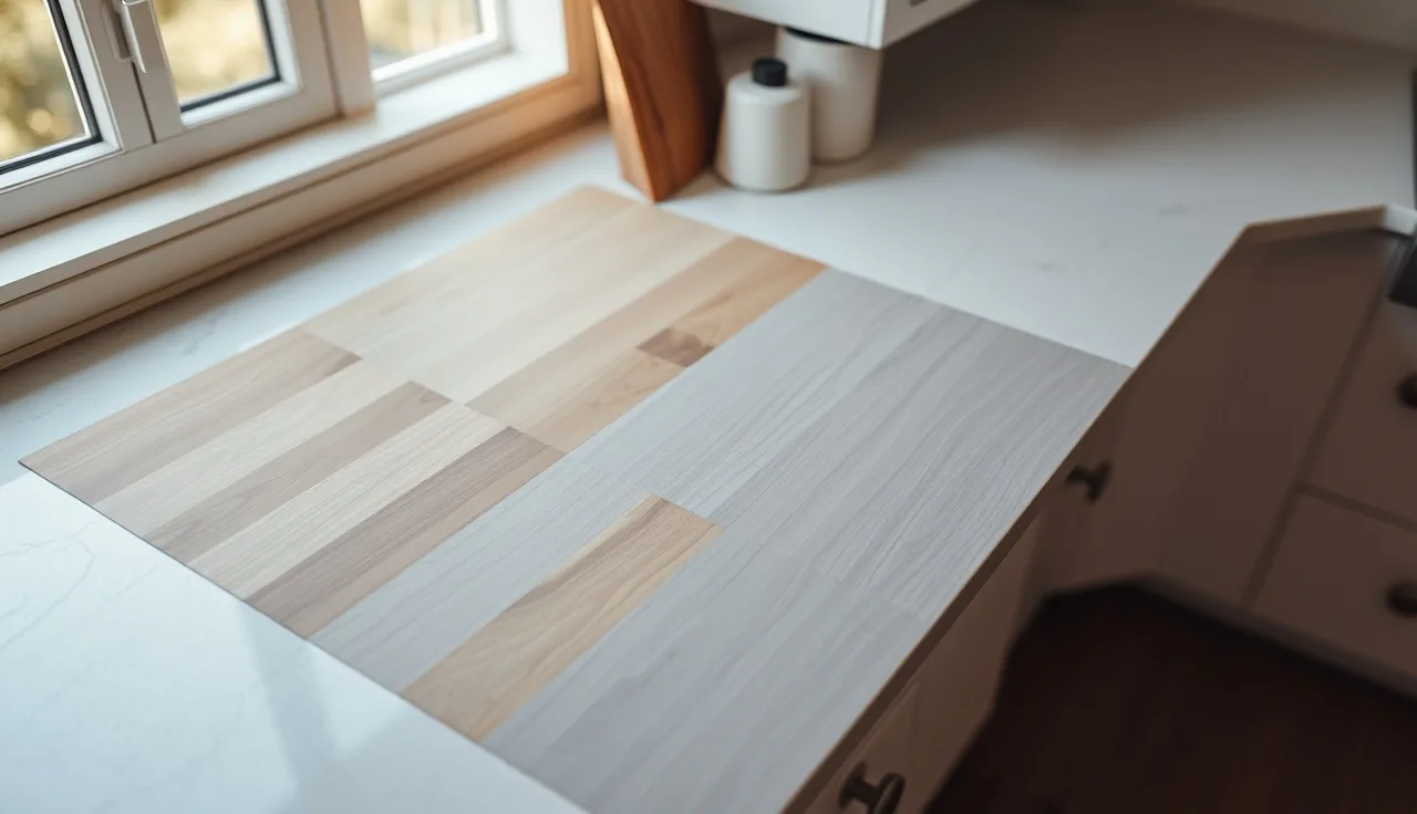 Three cheap countertop materials side by side in a kitchen: butcher block, laminate, and tile