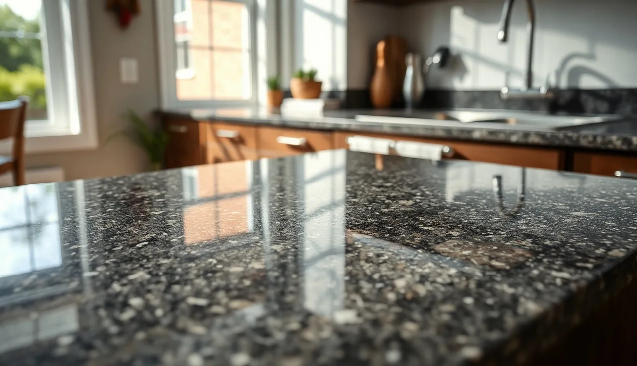 Dark speckled granite countertop with undermount sink in a sunlit kitchen