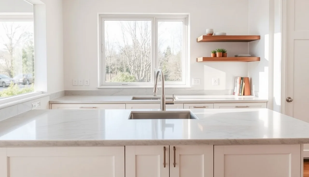 Light gray quartz countertop installed in a bright modern kitchen with white cabinets