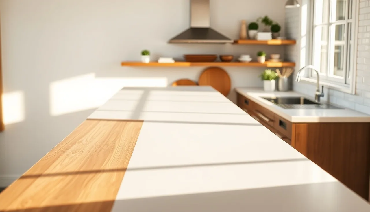 Four countertop material samples lined up on a kitchen counter in natural light