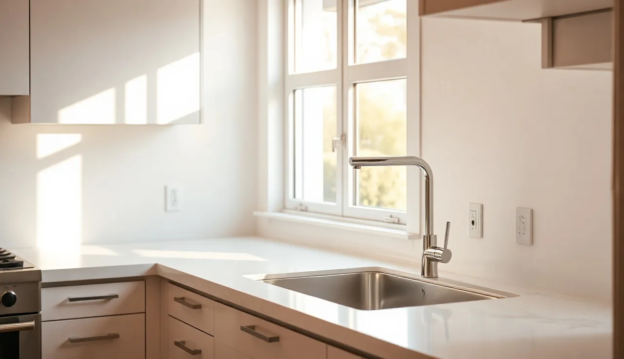 White quartz countertops in a clean kitchen with morning light