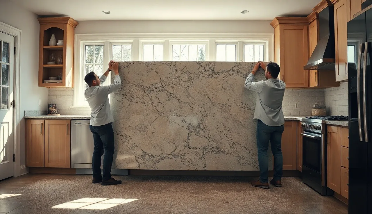 Two stone fabricators installing a granite countertop in a Chicago kitchen