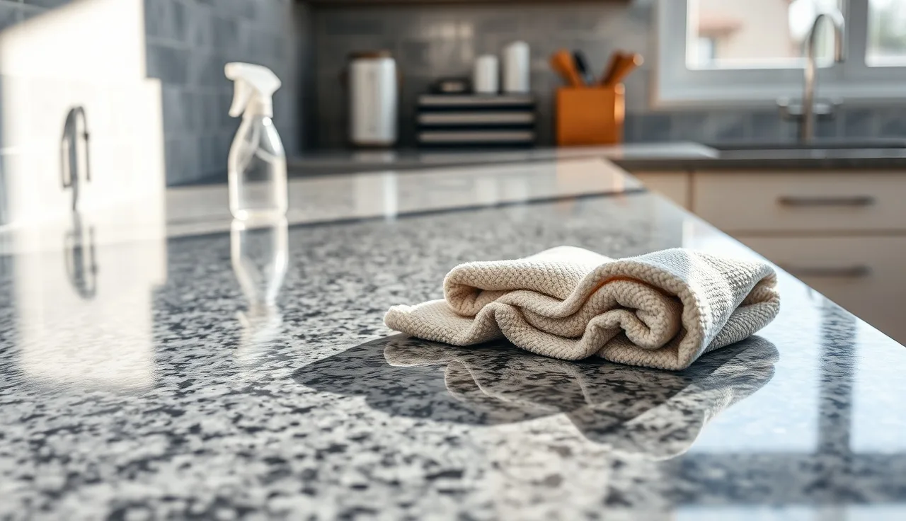 Microfiber cloth and spray bottle resting on clean polished granite countertop in morning light