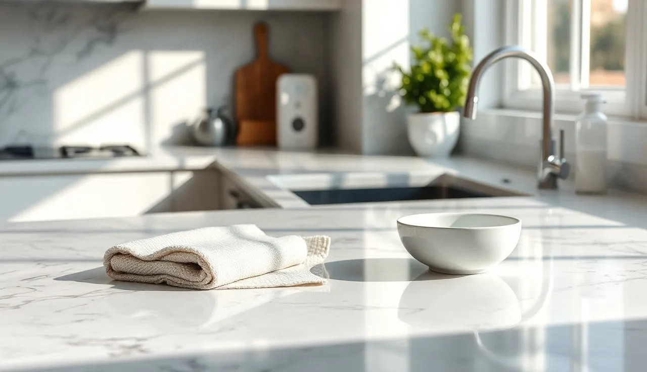 White Carrara marble countertop being cleaned with a damp microfiber cloth