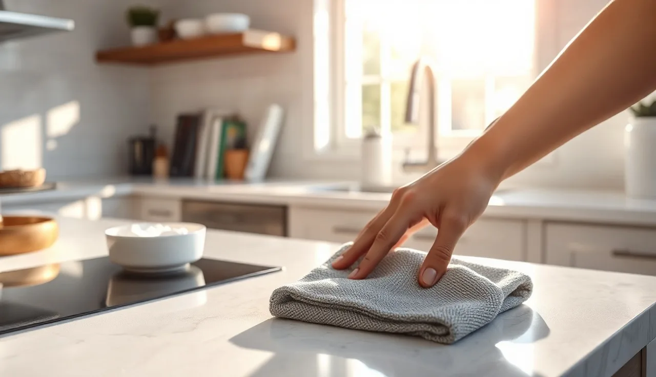 Microfiber cloth wiping a white quartz kitchen countertop with soapy water nearby