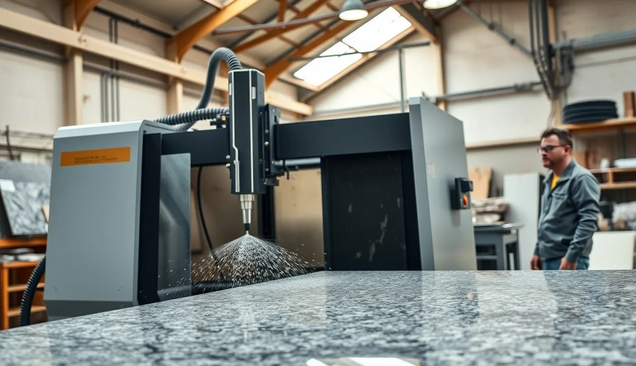 CNC bridge saw cutting a large granite slab inside a stone fabrication shop